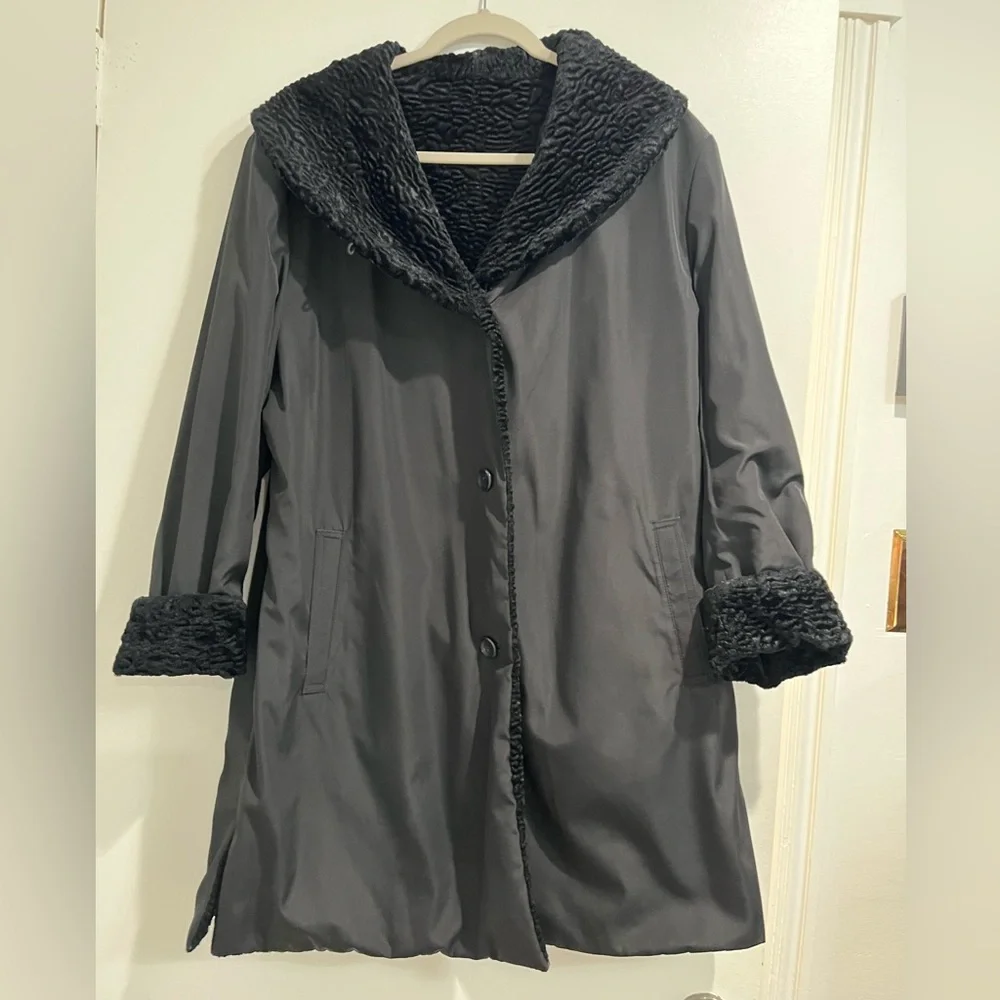 Calvin Klein Black Reversible Faux Fur Swing‎ Coat Sz. L